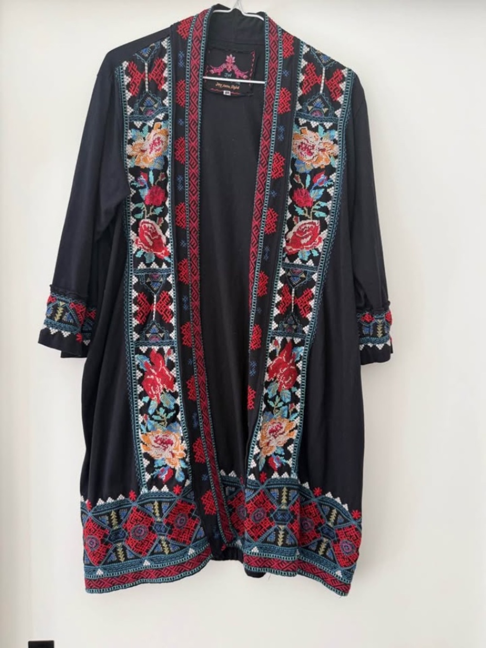 Johnny Was Embroidered Open Front Cardigan Duster Boho style size XS -cotton